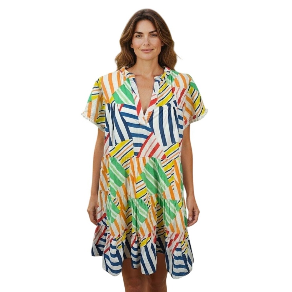 THML Dress Womens Large‎ Multi Color Geometric Stripe Tiered Cotton Fringe Mini